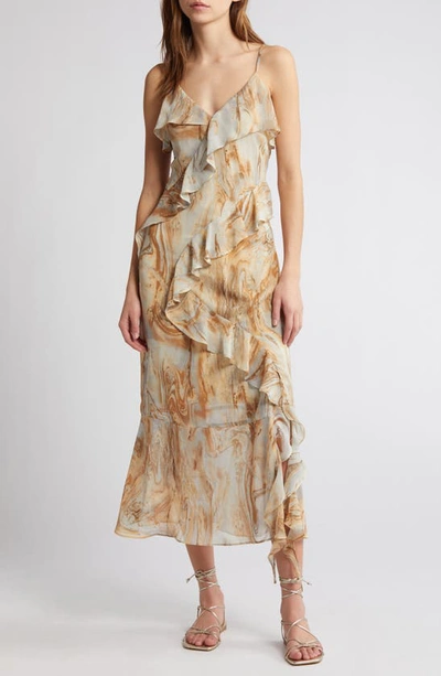 Moon River Marble Print Ruffle Midi Dress In Beige Multi