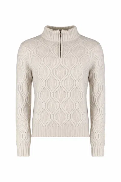 Moorer Women's Half Zip Cable Knit Sweater In Pearl In Neutral
