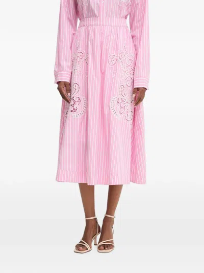 Morgan Striped Broderie-anglaise Midi Skirt In Pink