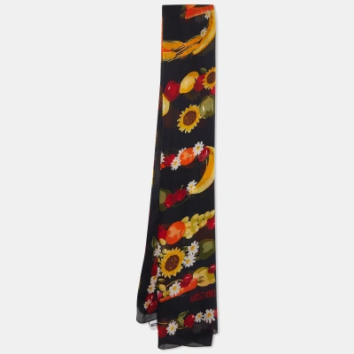 Pre-owned Moschino Black Floral Logo Print Silk Stole
