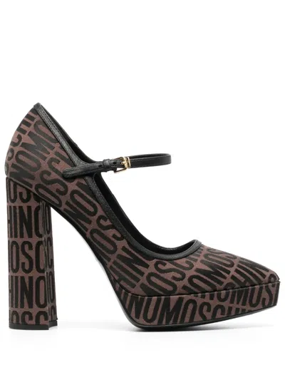 Moschino Jacquard-logo 125mm Block Heel Pumps In Brown
