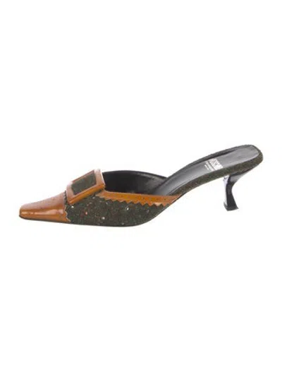 Pre-owned Moschino Leather Tweed Pattern Mules In Brown/green