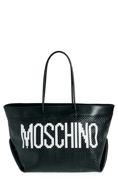 Moschino Logo Woven Leather Shopper Tote In A2555 Fantasy Print Black