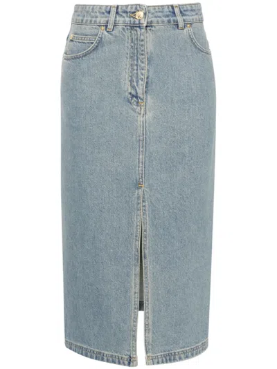 Moschino Teddy Bear-button Denim Midi Skirt In Blue
