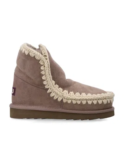 Mou Eskimo Mini Sheepskin Boots With Wool Crochet Stitching In Brown