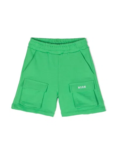 Msgm Kids' Embroidered-logo Cargo Shorts In Green