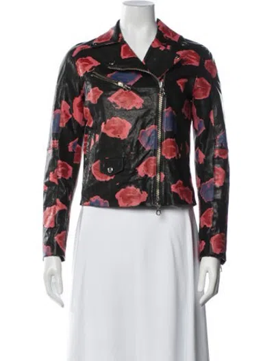 Pre-owned Msgm Lamb Leather Floral Print Biker Jacket In Black