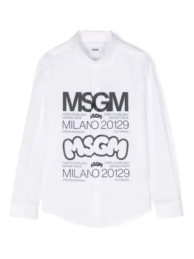 Msgm Kids' Logo-print Poplin Shirt In White