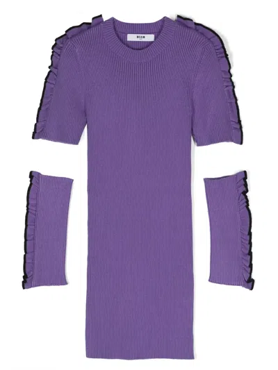 Msgm Kids' Ruffled-detailing Ribbed-knit Dress In Purple