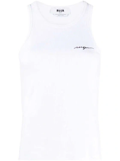 Msgm White Embroidered-logo Ribbed Tank Top