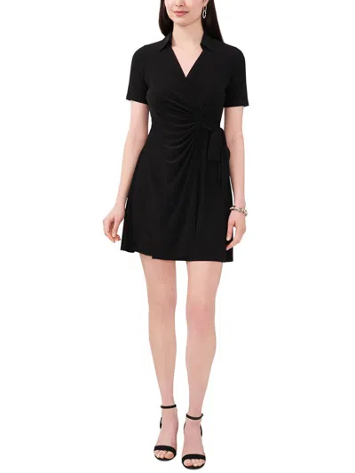 Msk Petites Womens Collar Polyester Wrap Dress In Black