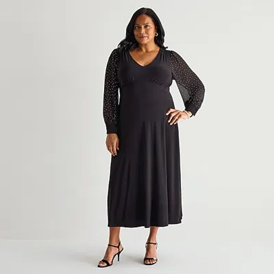 Msk Womens Plus V Neck Long Sleeve Balloon Maxi Dress In Black