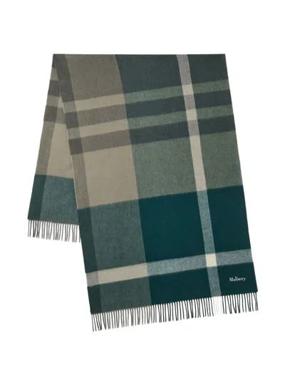 Mulberry Check-pattern Fringed Scarf In Green
