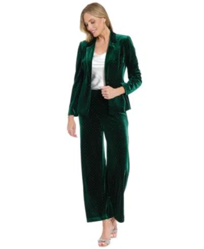 Muse Womens Velvet Embellished Notch Collared Blazer Jacket Clean Waistline Velvet Straight Leg Pants In Green