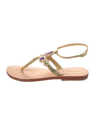 Pre-owned Mystique Leather Crystal Embellishments Sandals In Gold/metallic