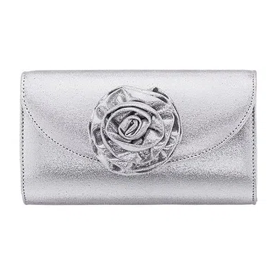 N By Nina Frily Rosette Emebellished Flap Clutch Evening Bag In Silver