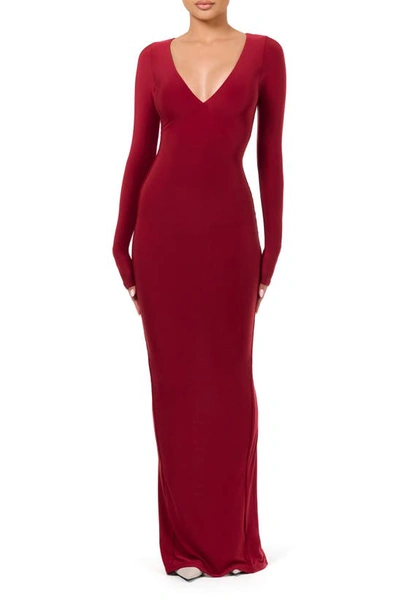 Naked Wardrobe Hourglass V-neck Long Sleeve Column Dress In Dark Red
