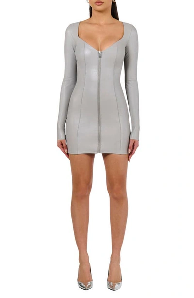 Naked Wardrobe Long Sleeve Zip-up Faux Leather Minidress In Light Grey