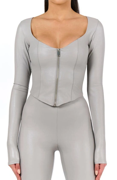 Naked Wardrobe Long Sleeve Zip-up Faux Leather Top In Light Grey