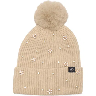 Nanette Lepore Crystal & Floral Stud Beanie With Faux Fur Pom In Neutral