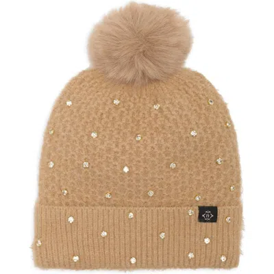 Nanette Lepore Embellished Faux Fur Pom Beanie In Taupe