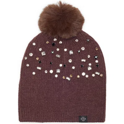 Nanette Lepore Fair Isle Stud Beanie With Faux Fur Pom In Brown