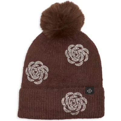 Nanette Lepore Floral Applique Faux Fur Pom Beanie In Chocolate
