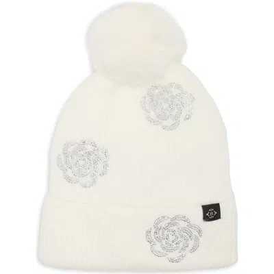 Nanette Lepore Floral Beanie With Faux Fur Pom In White