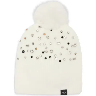 Nanette Lepore Studded Beanie With Faux Fur Pom In Ivory