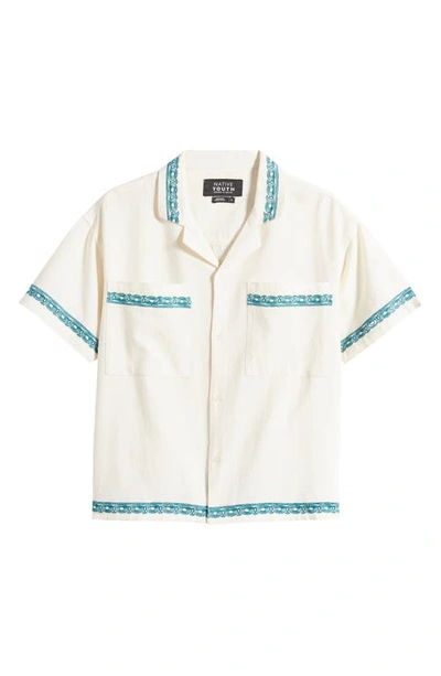 Native Youth Men's Boxy-fit Embroidered Border Button-down Camp Shirt In Off White,teal