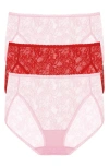 Natori Bliss Allure Lace 3-pack French Cut Briefs In Pink/red/pink