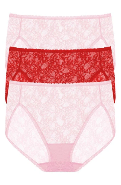 Natori Bliss Allure Lace 3-pack French Cut Briefs In Pink/red/pink