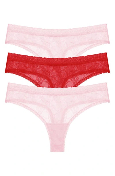 Natori Bliss Alure 3-pack Lace Thongs In Pink/red/pink