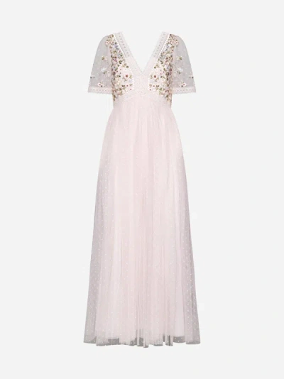 Needle &amp; Thread Garland Embroidered Tulle Ankle Gown In Peony Pink