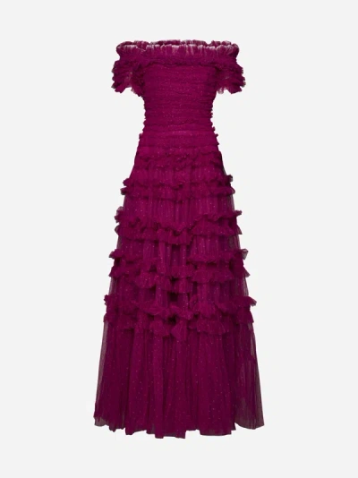 Needle &amp; Thread Lisette Ruffle Off-shoulder Gown In Cerise