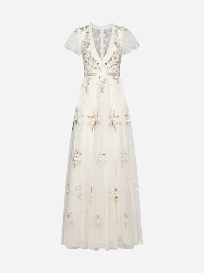 Needle &amp; Thread Petunia Embroidered Tulle Gown In Cream