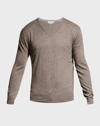 Neiman Marcus Men's Extra Lightweight Wool-cashmere V-neck Sweater In Brown
