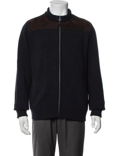Pre-owned Neiman Marcus Merino Wool Mock Neck Cardigan In Blue