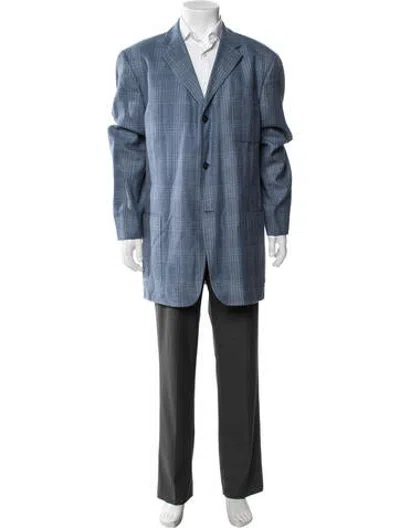 Pre-owned Neiman Marcus Wool Plaid Print In Blue