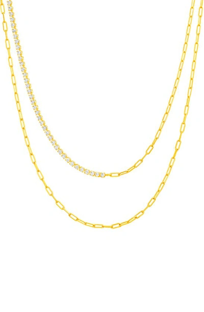 Nes Jewelry Half Tennis & Paper Clip Chain Layered Necklace In Gold