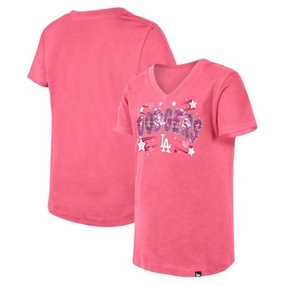 New Era Kids' Girls Youth  Pink Los Angeles Dodgers Sequin V-neck T-shirt