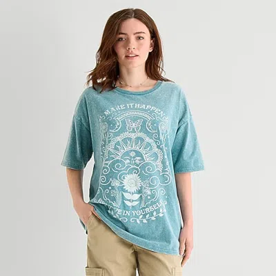 New World Celestial Womens Juniors Crew Neck Short Sleeve Oversized Graphic T-shirt In Blue