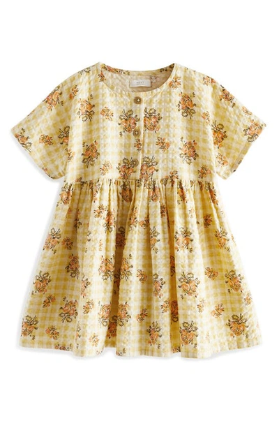Next Kids' Floral Cotton Gingham Dress In Yellow