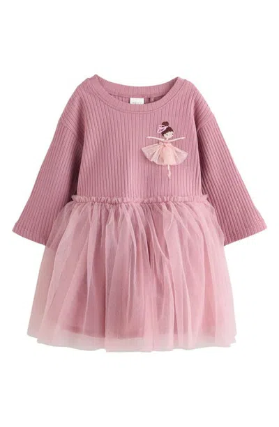 Next Kids' Pretty Jersey Rib & Mesh Dress In Purple
