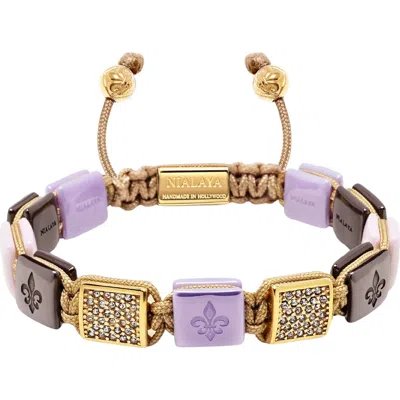 Nialaya Lavender And Burgundy Ceramic Flatbead Bracelet In Gold