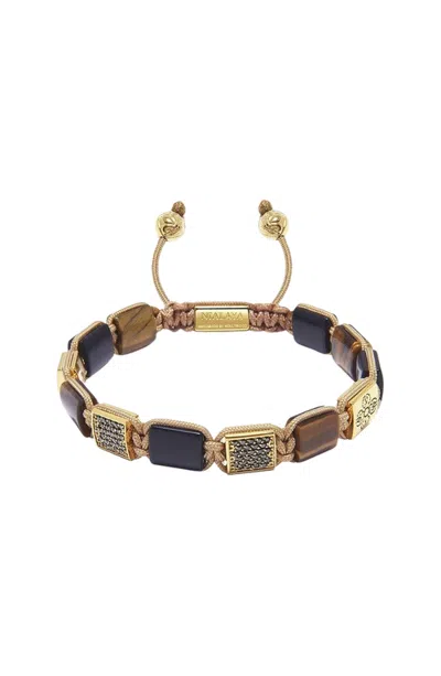 Nialaya Matte Onyx And Tiger Eye Dorje Flatbead Bracelet In Gold