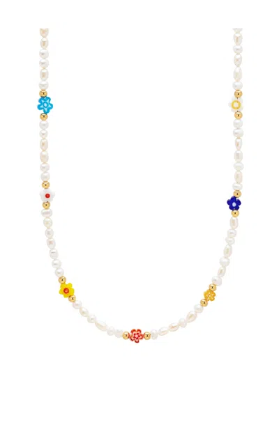Nialaya Pearl Choker With Flower Beads In Multi