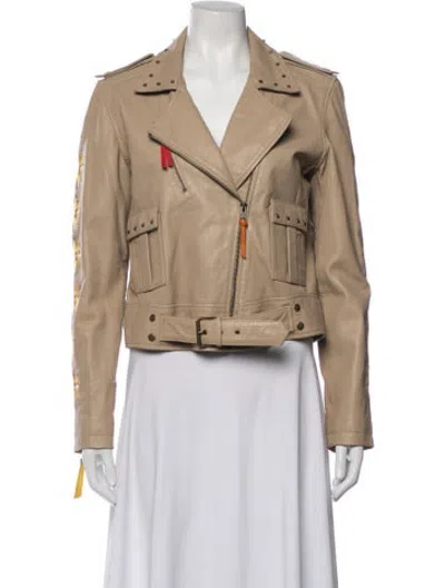 Pre-owned Nicole Miller Lamb Leather Biker Jacket In Neutrals