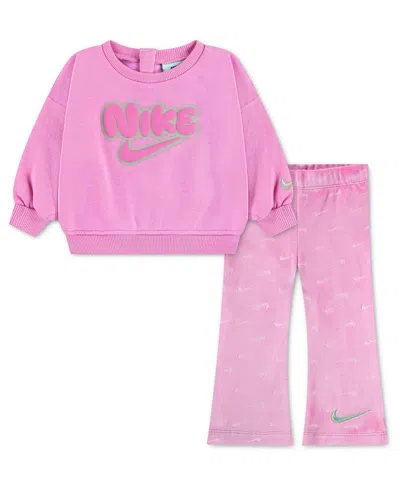Nike Kids' Baby Girls' Dream Float Debossed Crewneck Flare Sweatshirt And Flare Leggings, 2-piece Set In Pink
