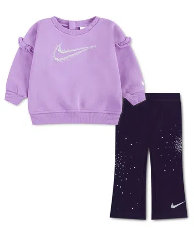Nike Kids' Baby Girls' Ruffle Long-sleeve Flare Top And Leggings, 2-piece Set In Purple